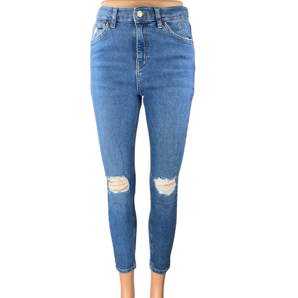 Topshop Jamie Womens Blue Distressed High Rise Cropped Skinny Denim Jeans Sz 28